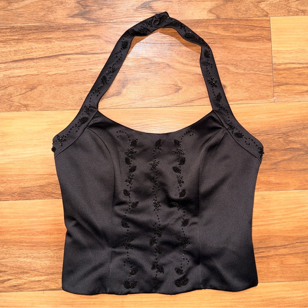 Vintage Pinky & Me black satin halter top beaded corset. Medium